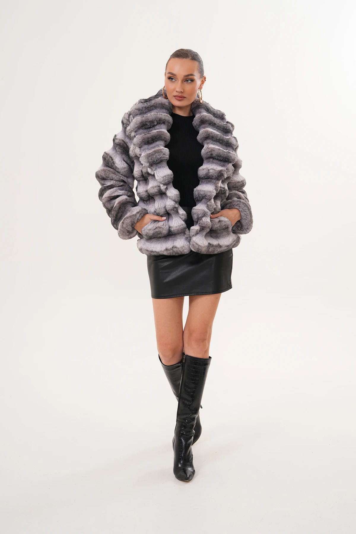 Şal Yaka Desenli Çinçila Ceket - gri