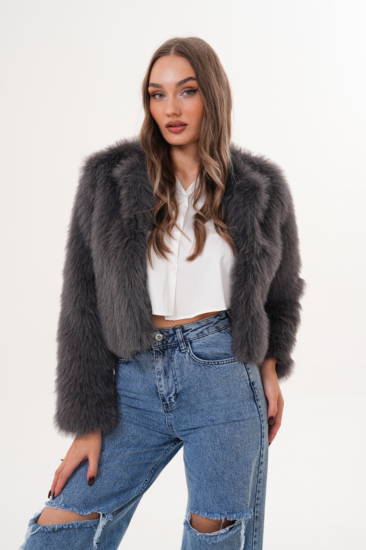 Crop Boy Basic Yaka Tüylü Ceket - antrasit
