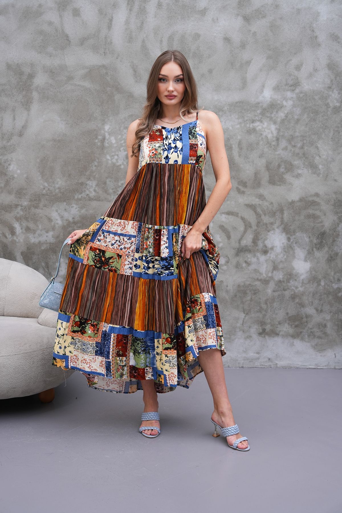 Askılı Patchwork Elbise