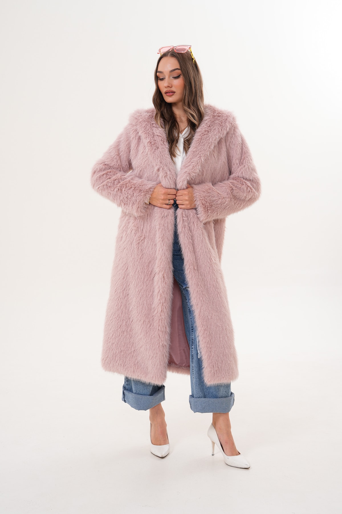 Tam Boy Kapişonlu Tüylü Kaban - pembe