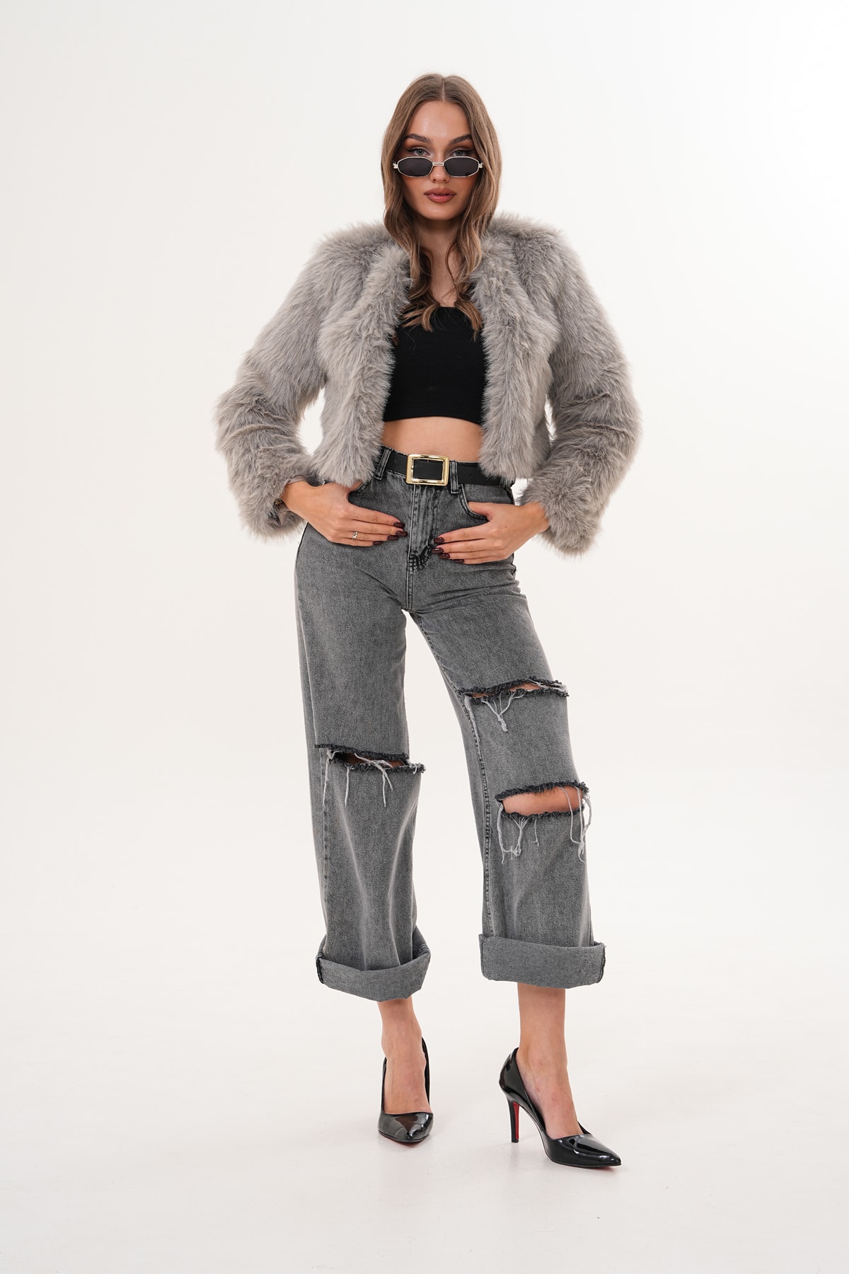 Crop Boy Basic Yaka Tüylü Ceket - gri