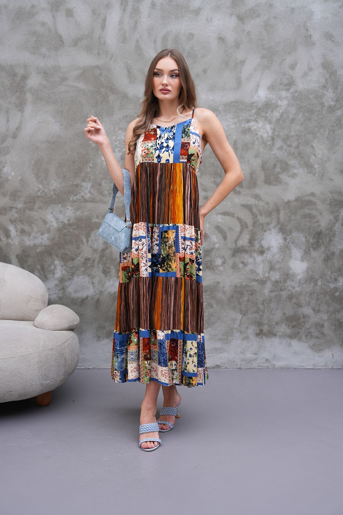 Askılı Patchwork Elbise