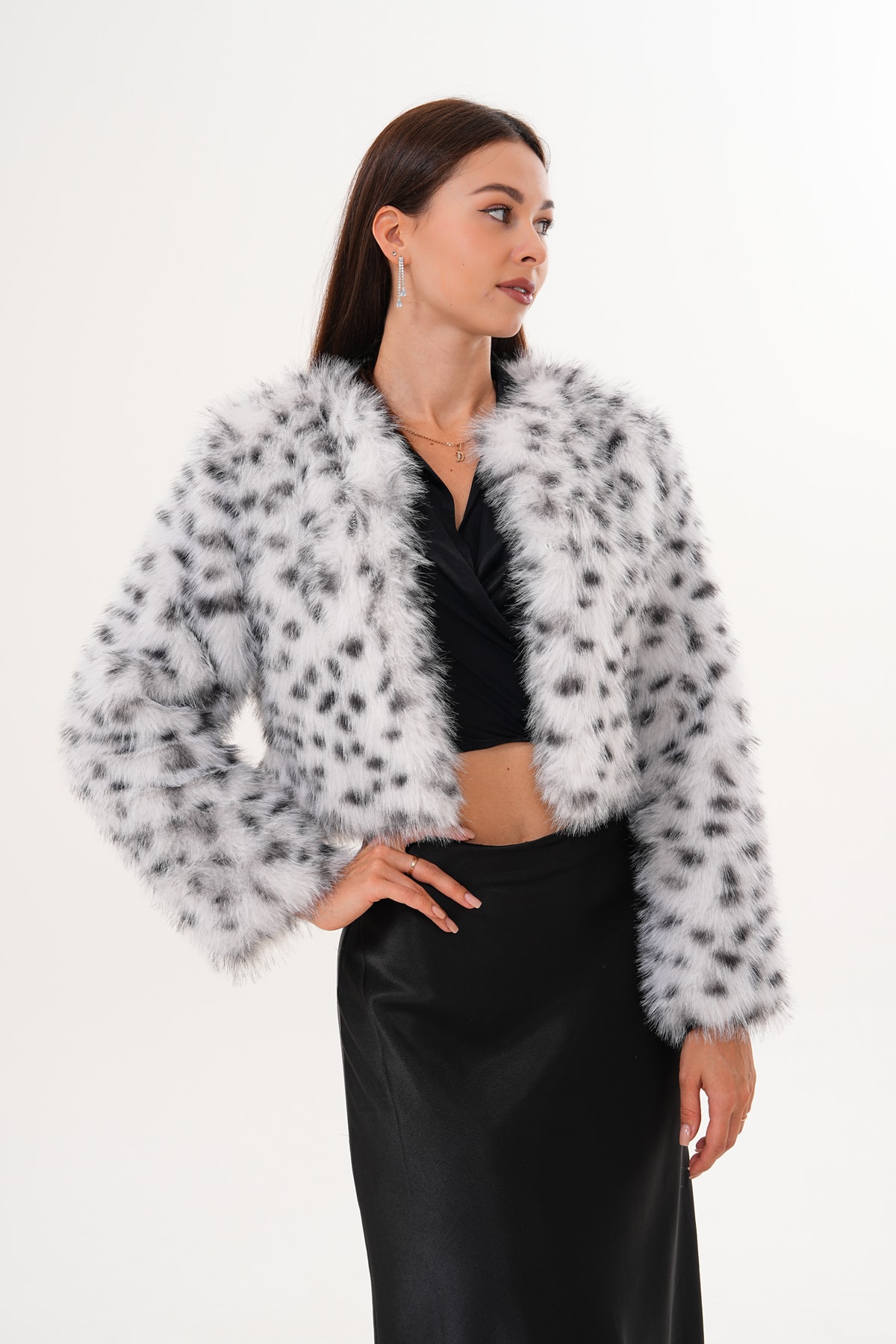 Crop Boy Basic Yaka Tüylü Ceket - kırık leopar