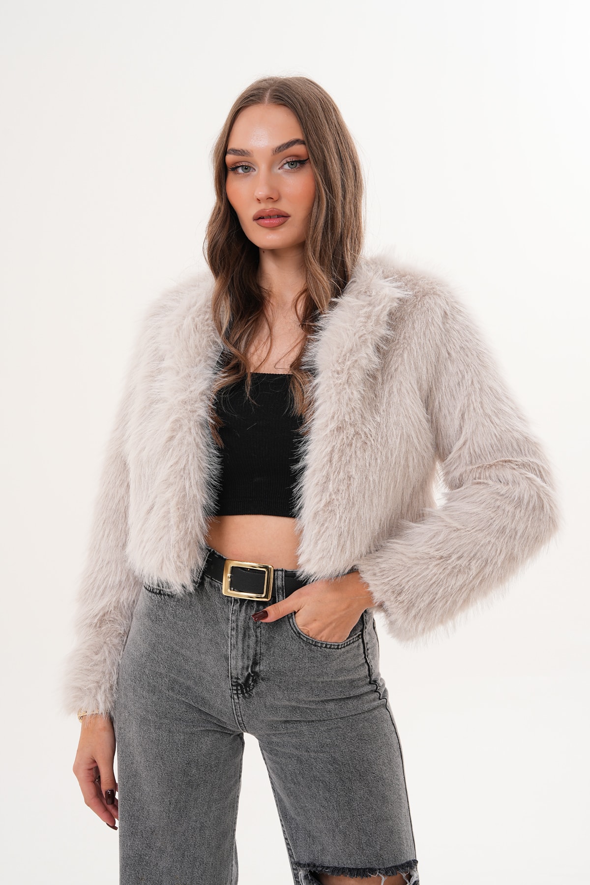 Crop Boy Basic Yaka Tüylü Ceket