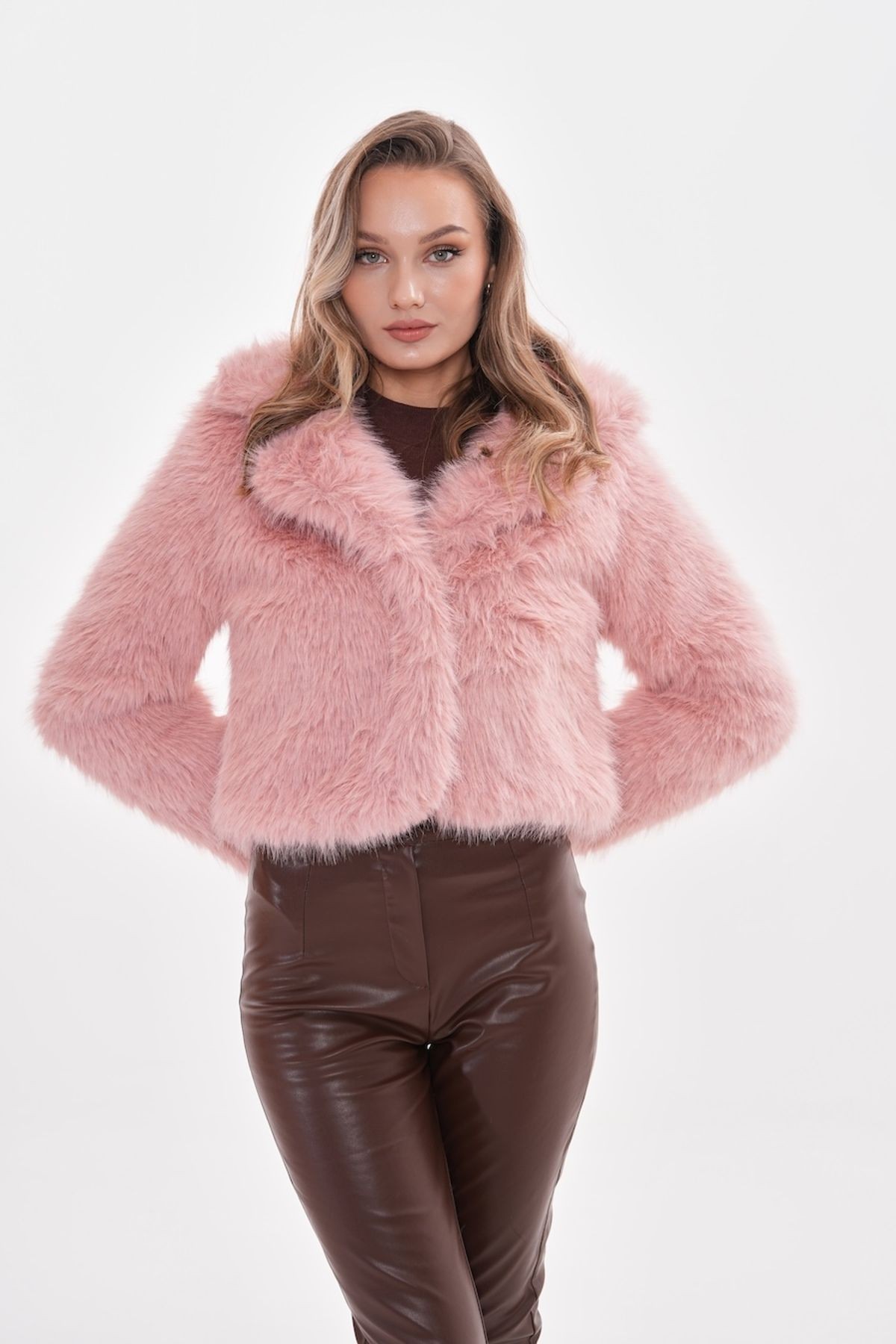 Yakalı Crop Boy Ceket - pembe