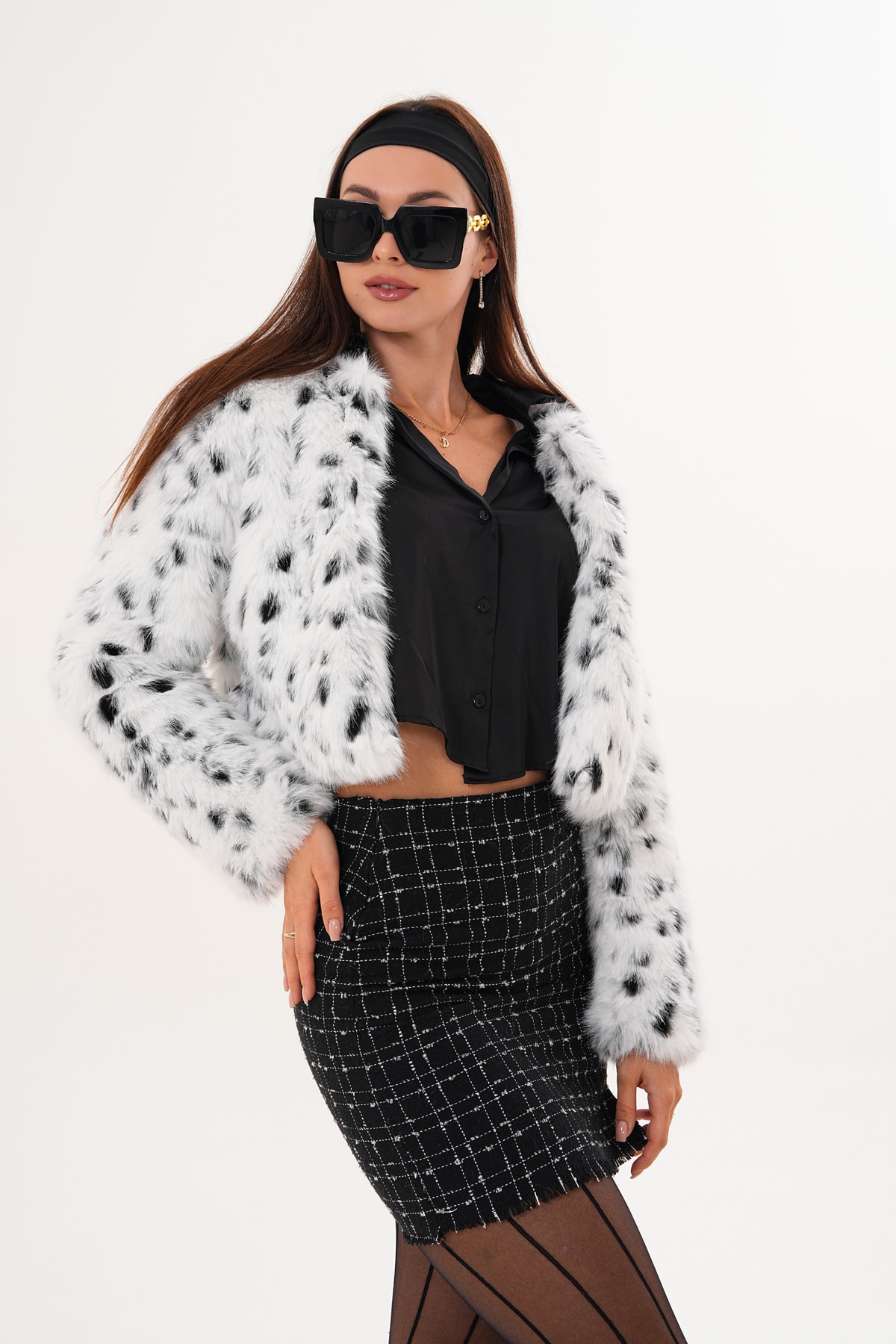 Crop Boy Basic Yaka Tüylü Ceket - leopar