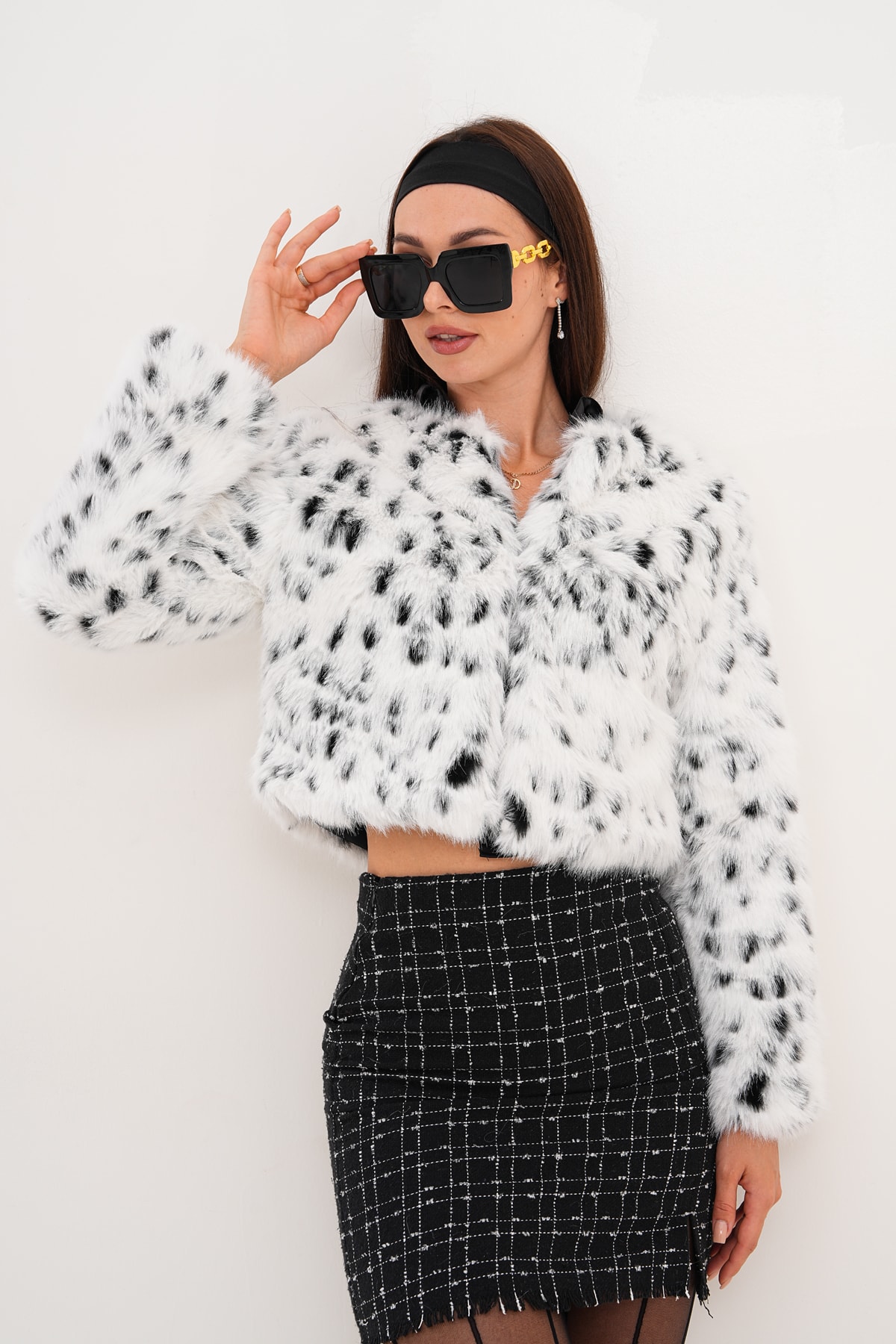 Crop Boy Basic Yaka Tüylü Ceket - leopar