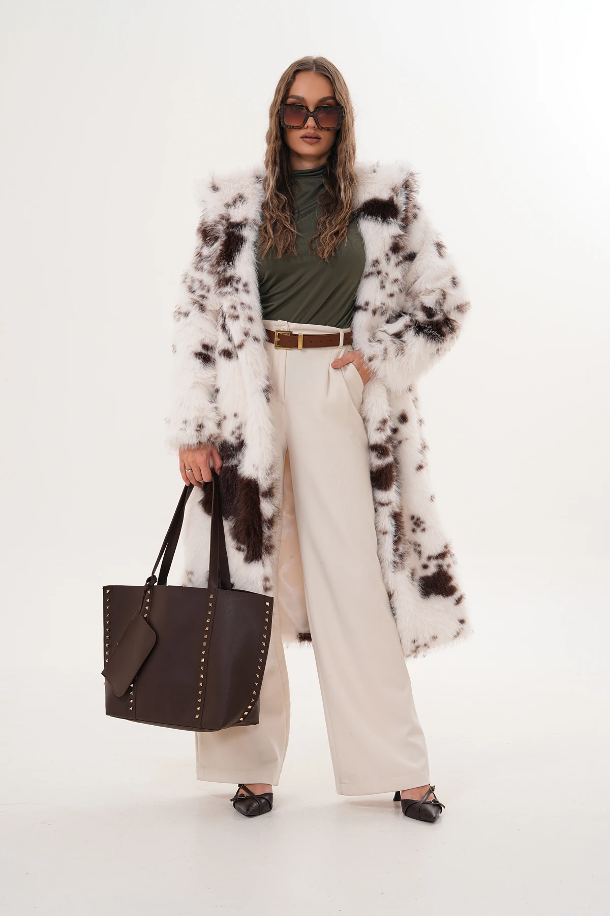 Tam Boy Kapişonlu Tüylü Kaban - parçalı kahverengi