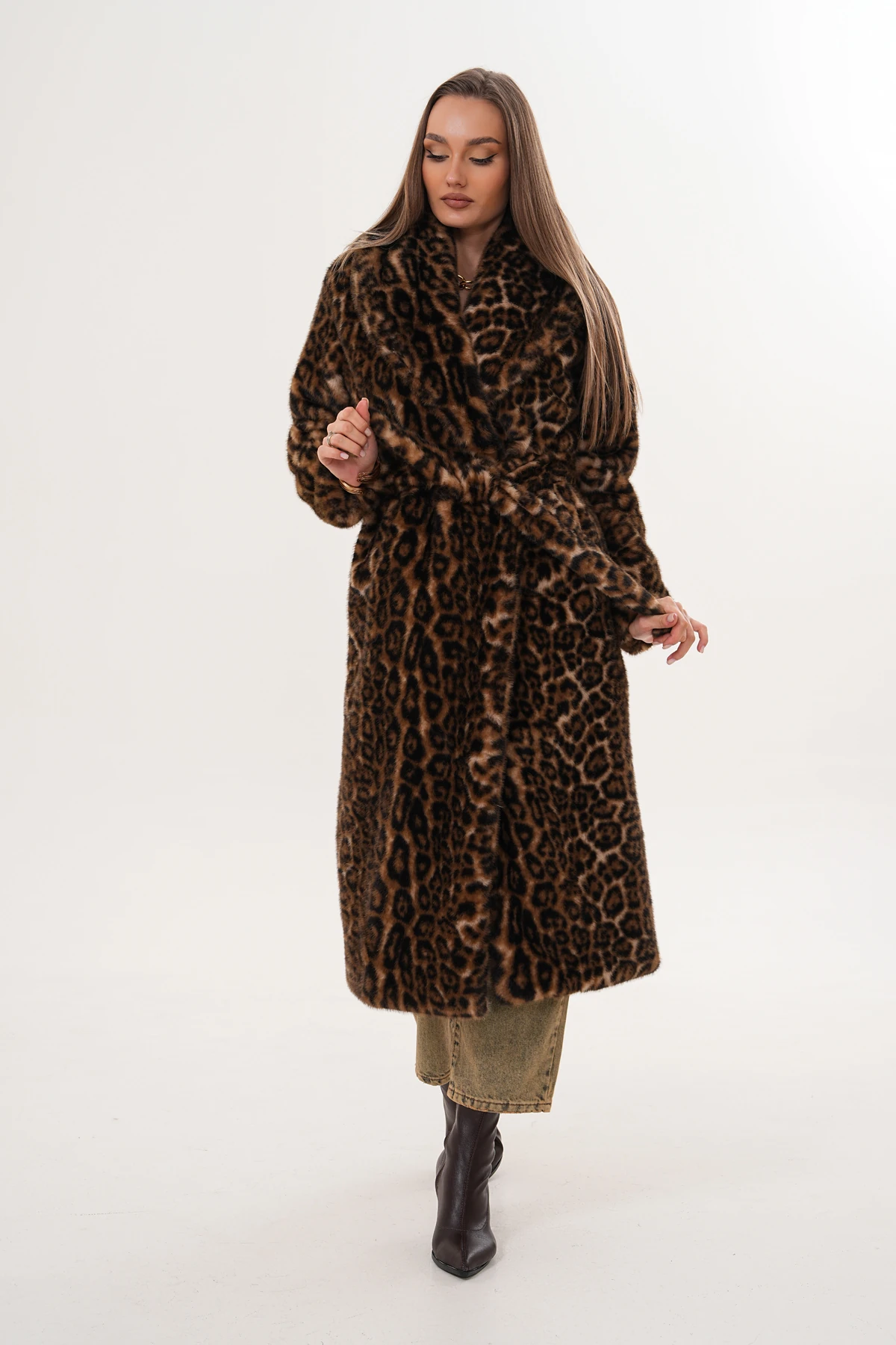 Tam Boy Vizon Leopar Kaban - açık kahve