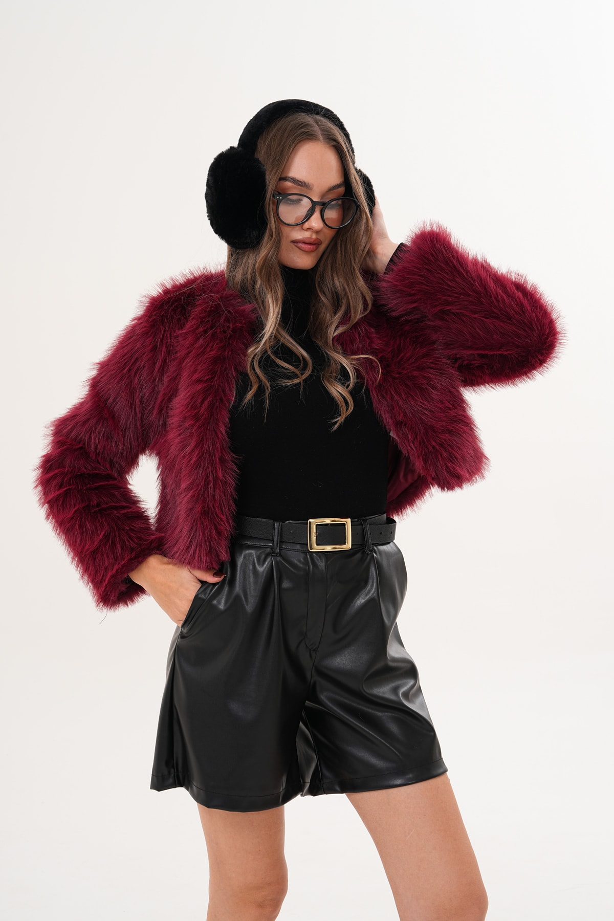 Crop Boy Basic Yaka Tüylü Ceket - bordo