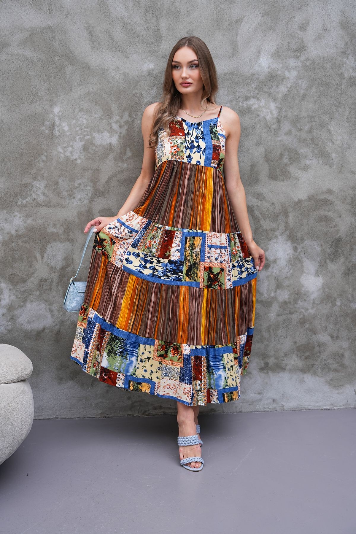Askılı Patchwork Elbise