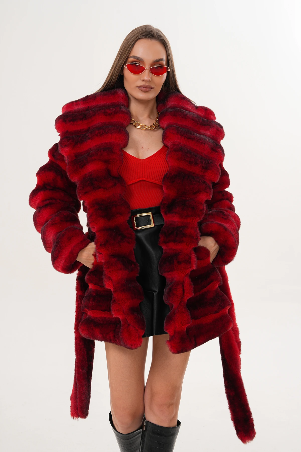 Midi Boy Çinçila Desenli Kaban - kırmızı