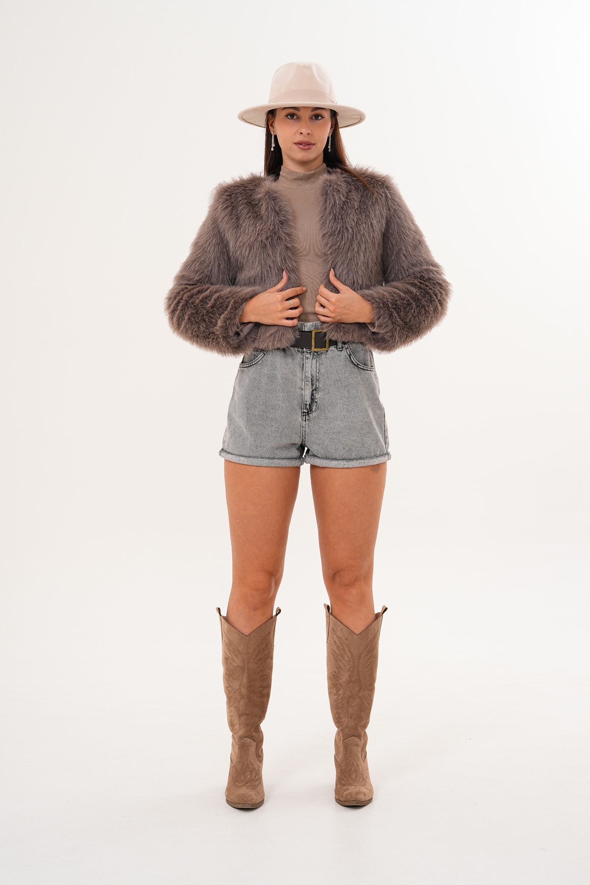Crop Boy Basic Yaka Tüylü Ceket - vizon