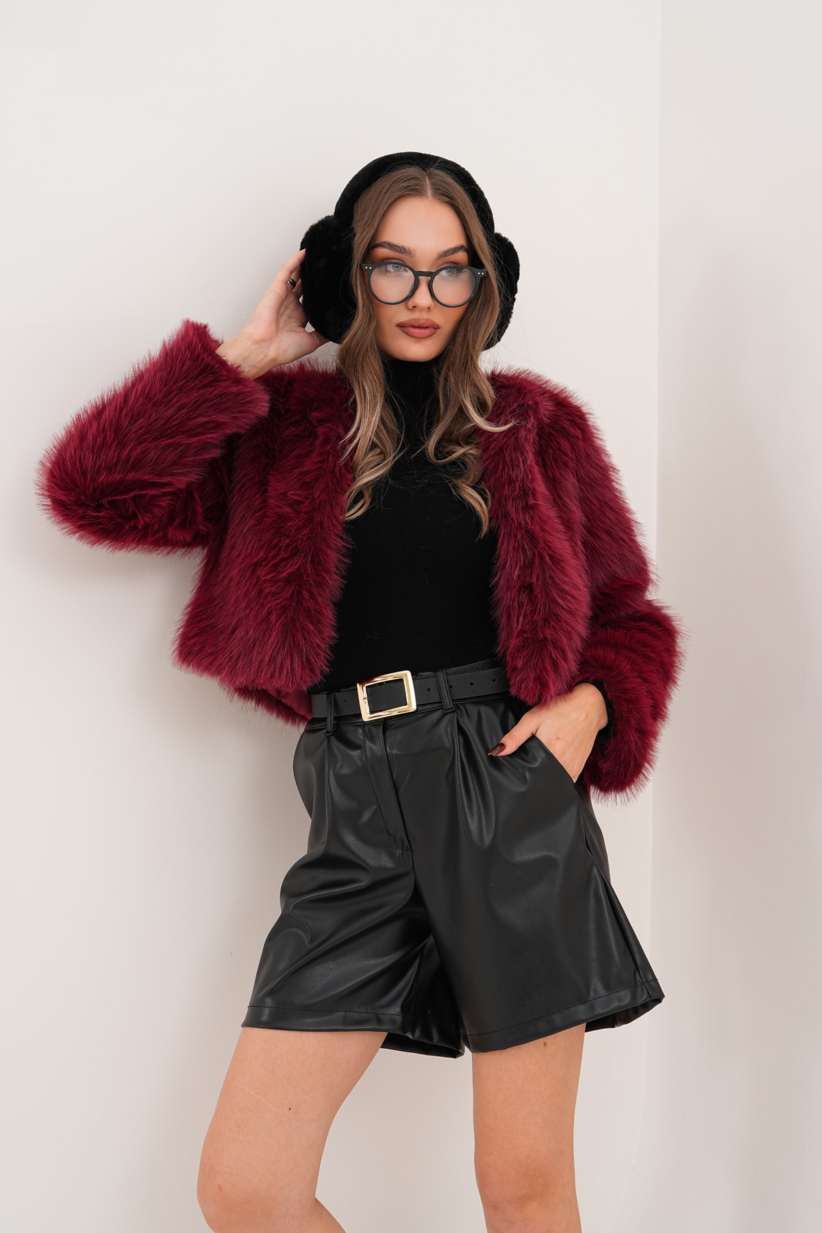 Crop Boy Basic Yaka Tüylü Ceket - bordo
