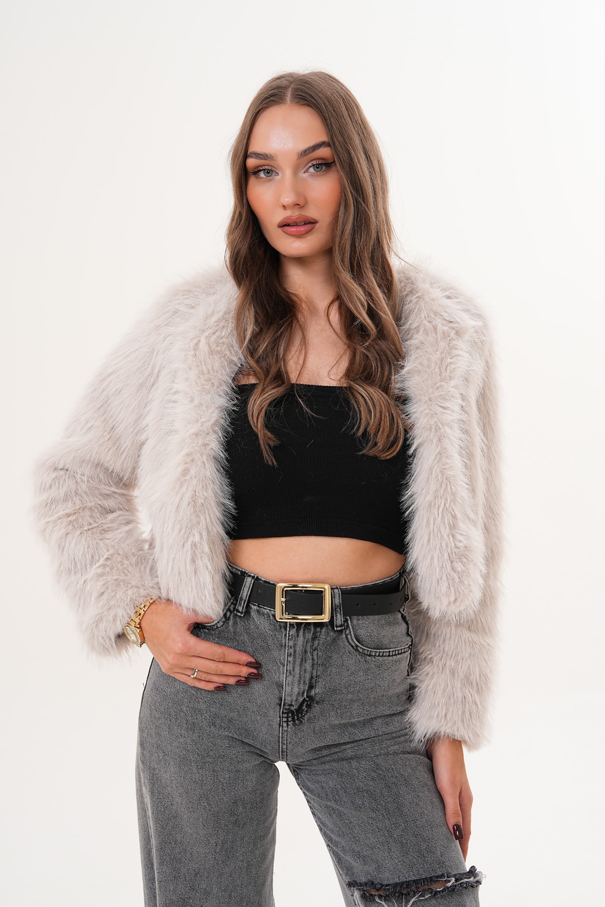 Crop Boy Basic Yaka Tüylü Ceket