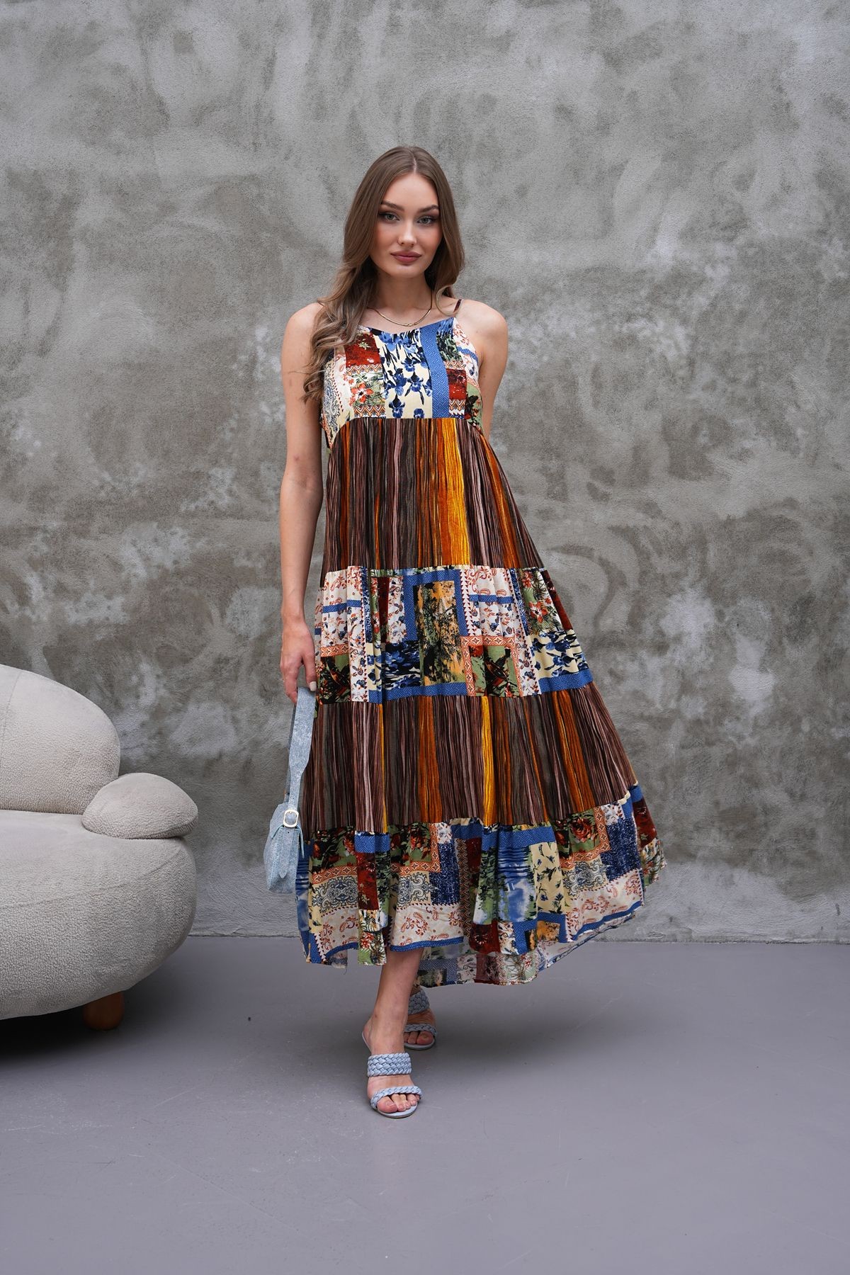 Askılı Patchwork Elbise - kahverengi mavi