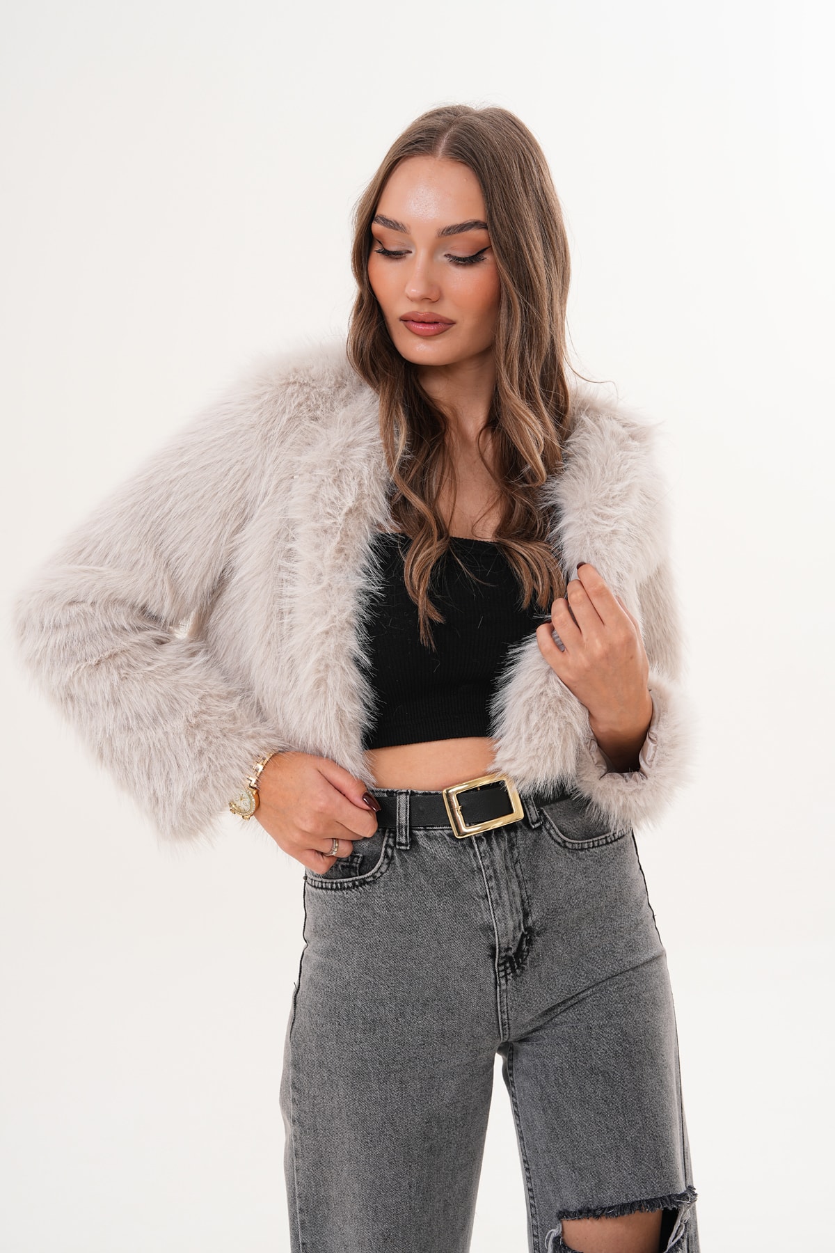 Crop Boy Basic Yaka Tüylü Ceket