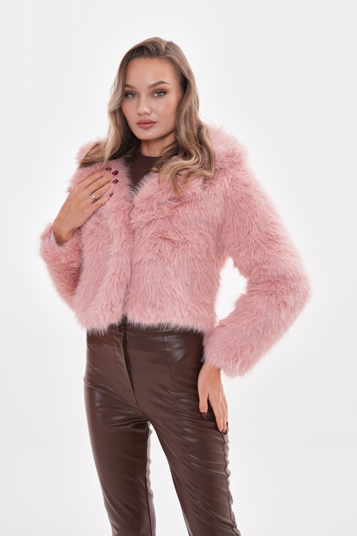 Yakalı Crop Boy Ceket - pembe