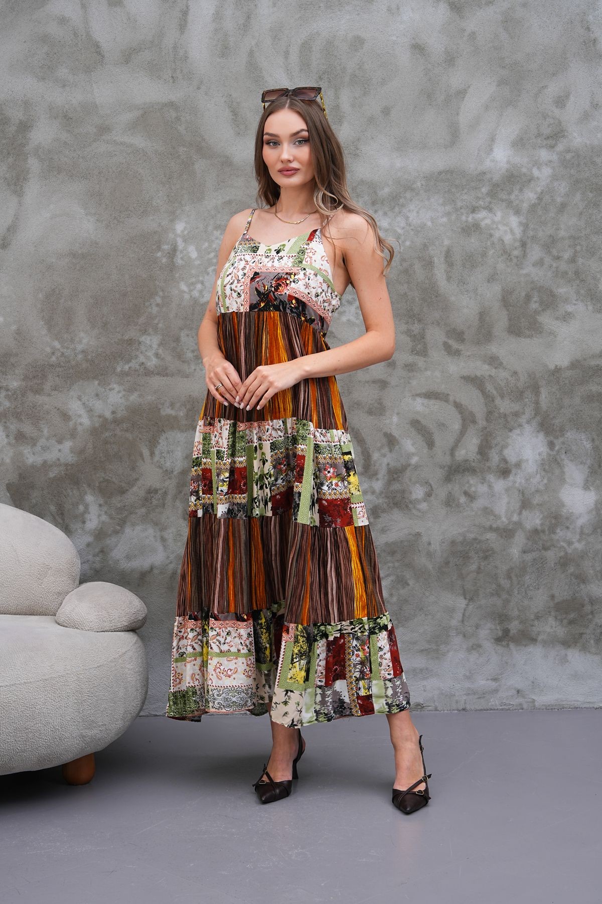 Askılı Patchwork Elbise - kahverengi