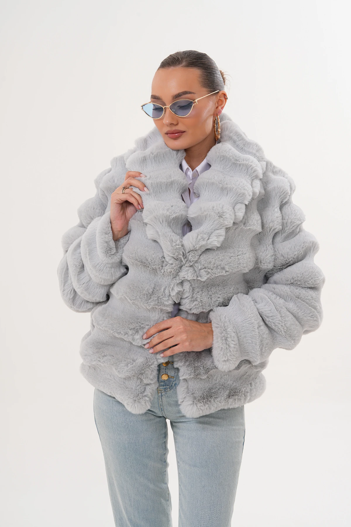 Şal Yaka Çinçila Ceket - gri