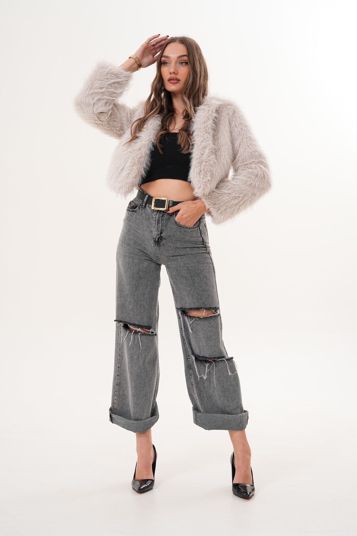 Crop Boy Basic Yaka Tüylü Ceket