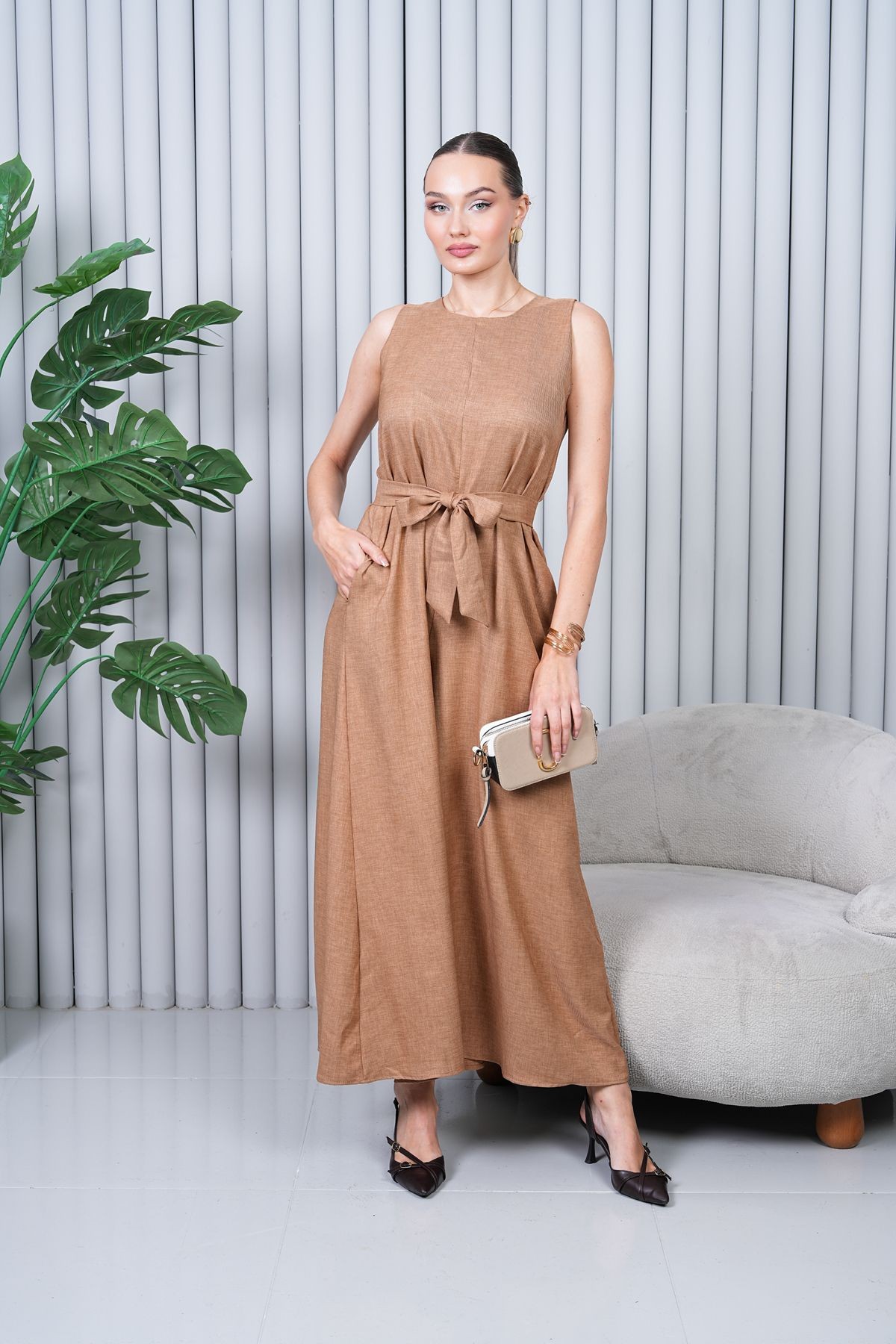 Keten Kuşaklı Tulum - camel