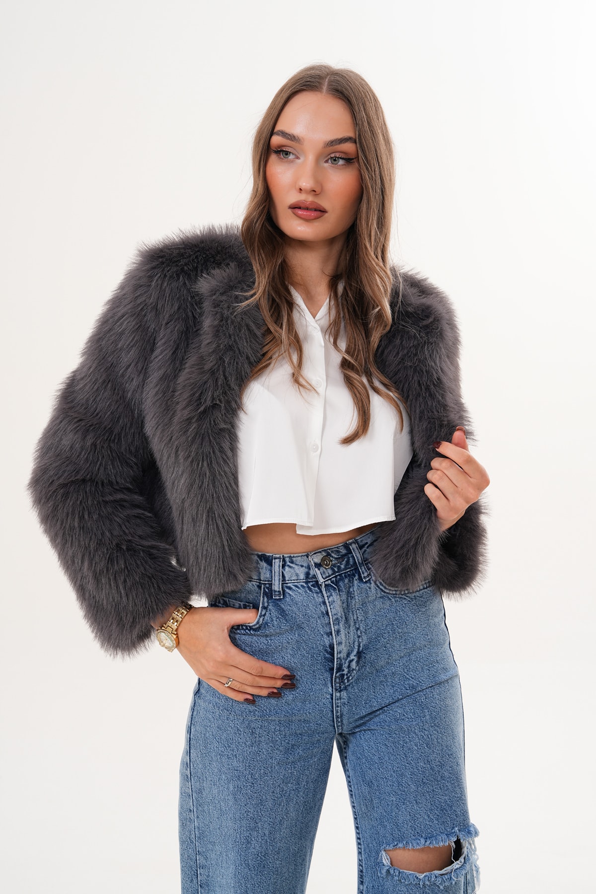 Crop Boy Basic Yaka Tüylü Ceket - antrasit