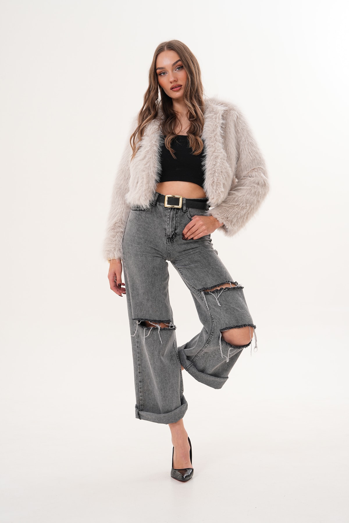 Crop Boy Basic Yaka Tüylü Ceket - bej