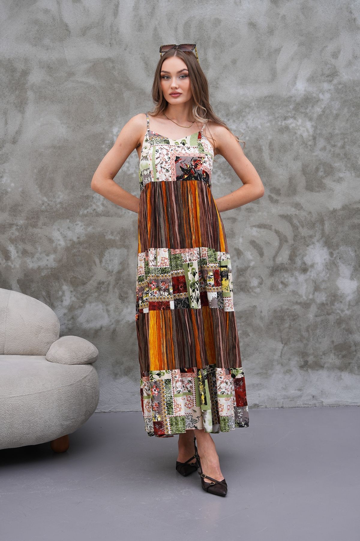 Askılı Patchwork Elbise - kahverengi
