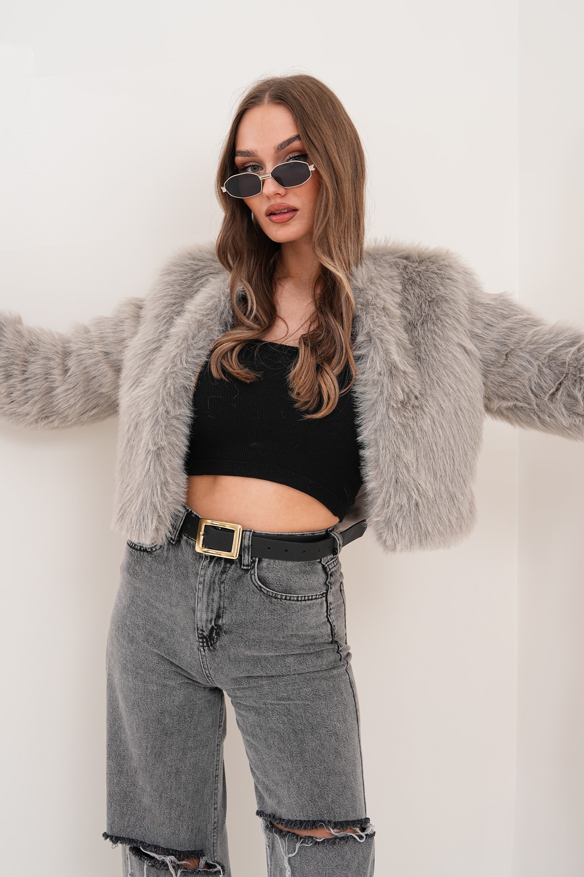 Crop Boy Basic Yaka Tüylü Ceket - gri