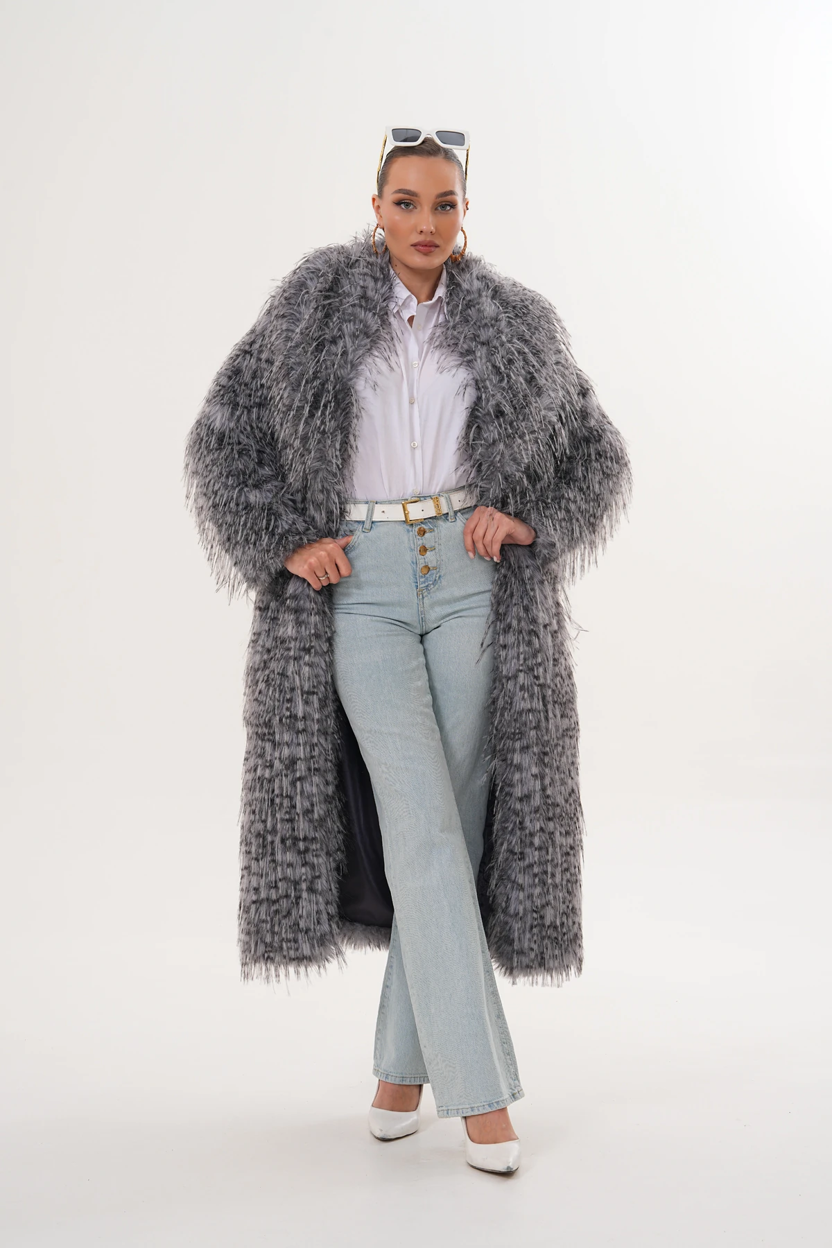 Tam Boy Püsküllü Kaban - gri