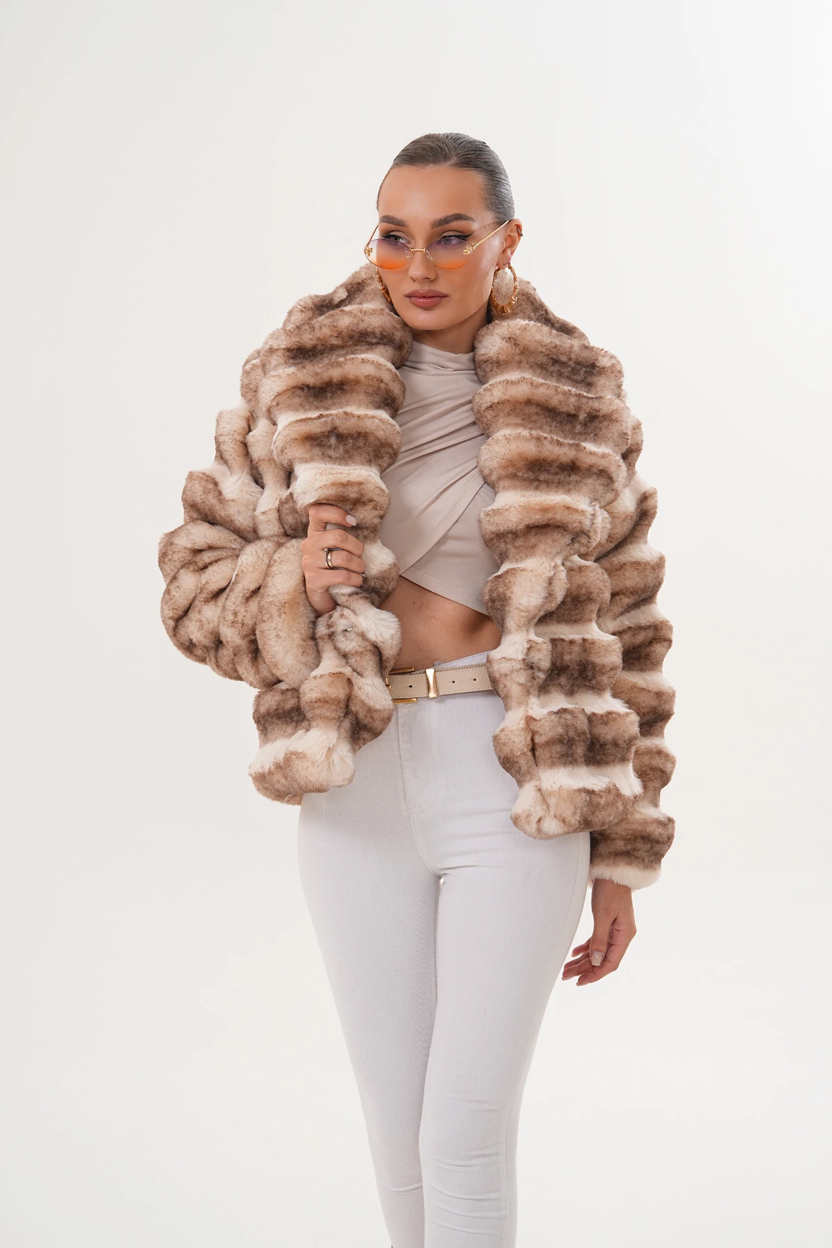 Şal Yaka Desenli Çinçila Ceket - bej