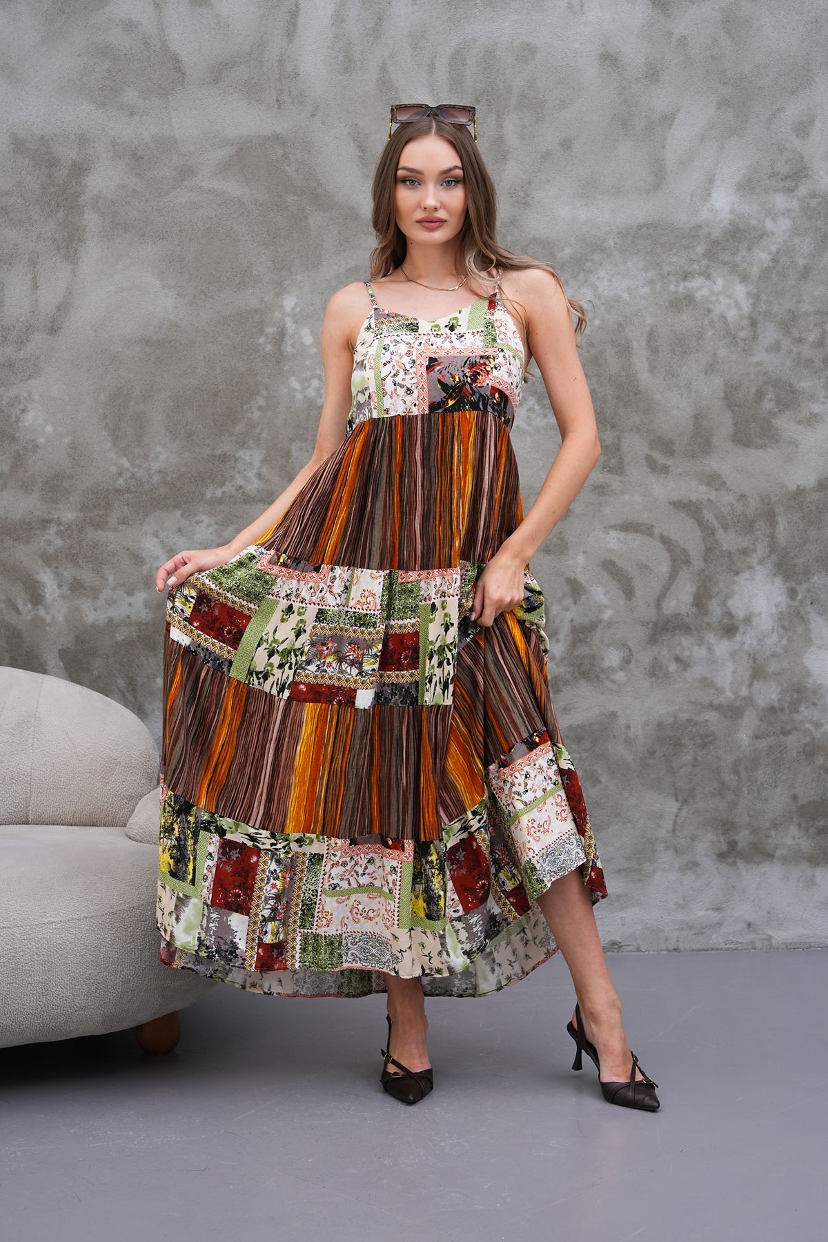 Askılı Patchwork Elbise - kahverengi