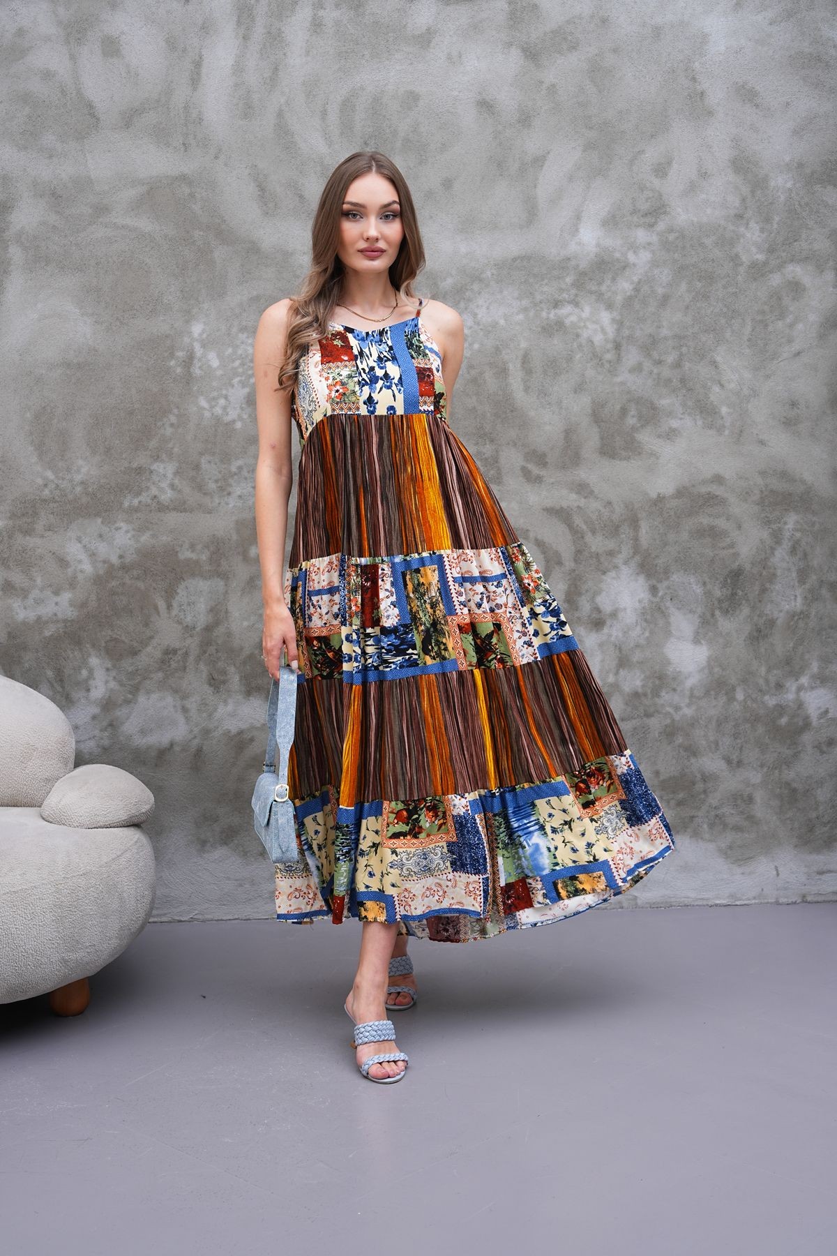 Askılı Patchwork Elbise