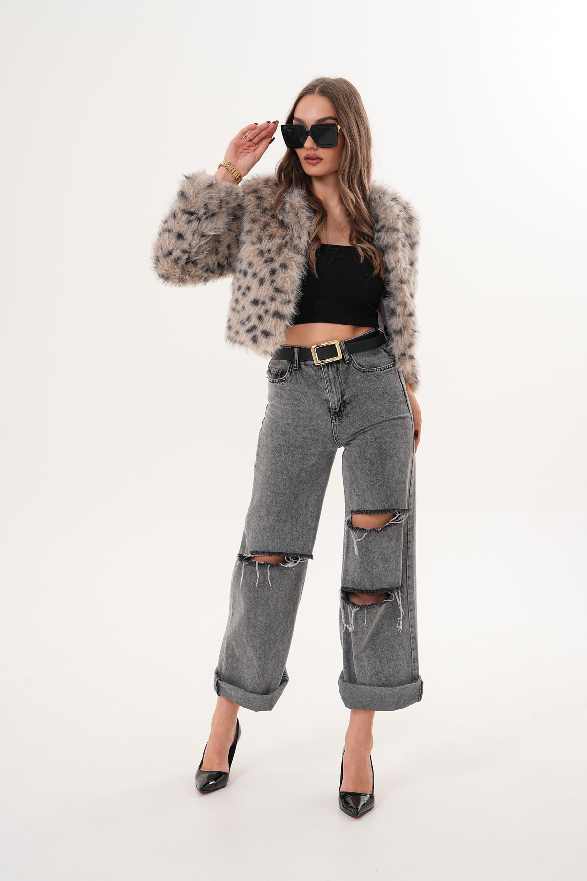 Crop Boy Basic Yaka Tüylü Ceket - taş leopar