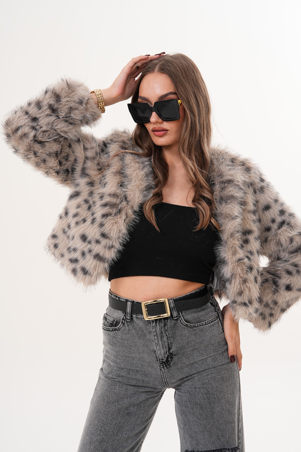 Crop Boy Basic Yaka Tüylü Ceket - taş leopar