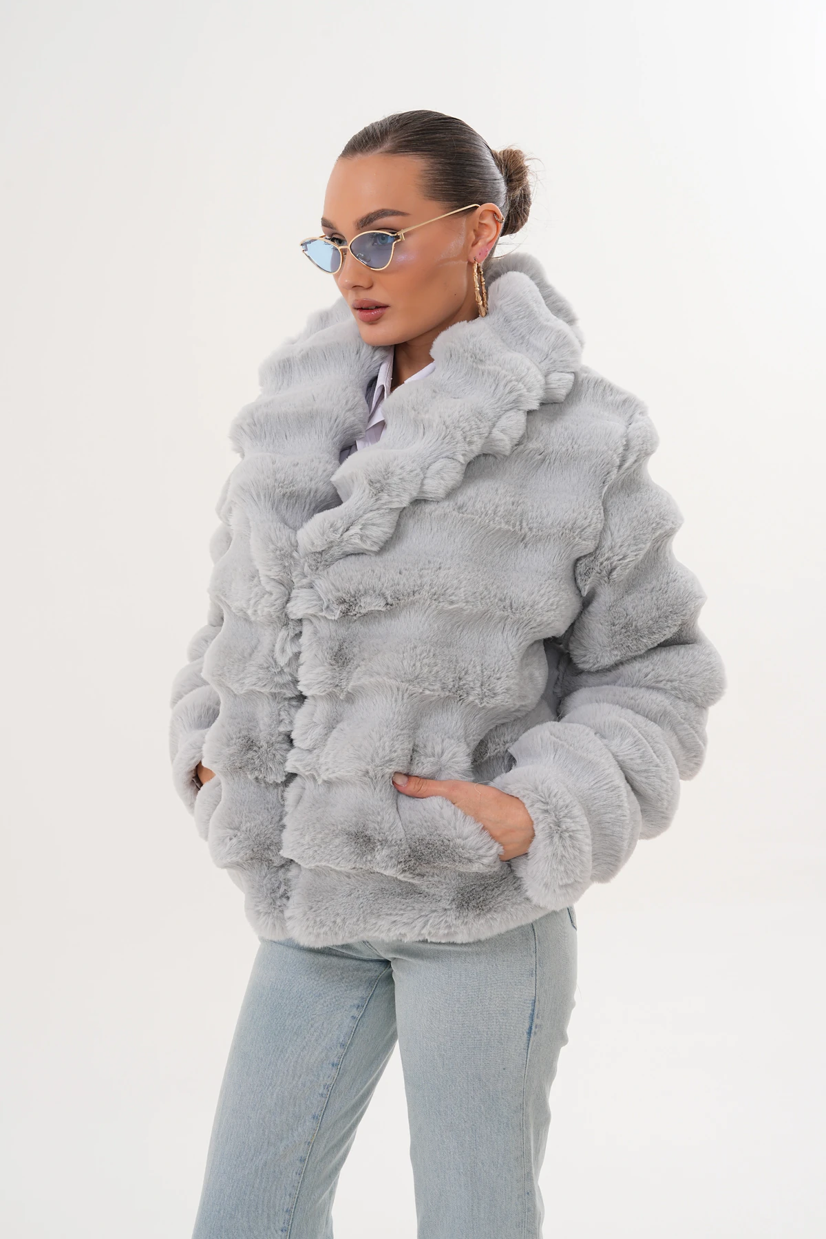 Şal Yaka Çinçila Ceket - gri