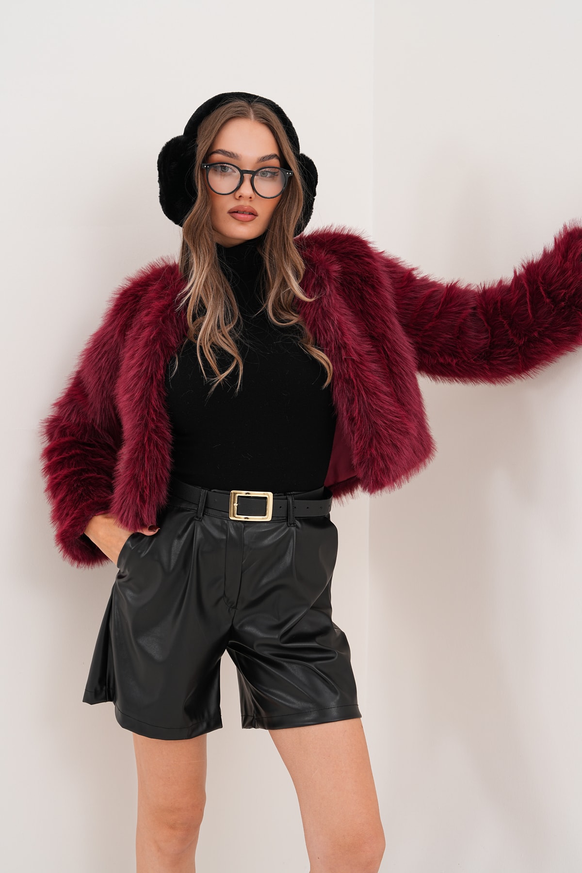 Crop Boy Basic Yaka Tüylü Ceket - bordo