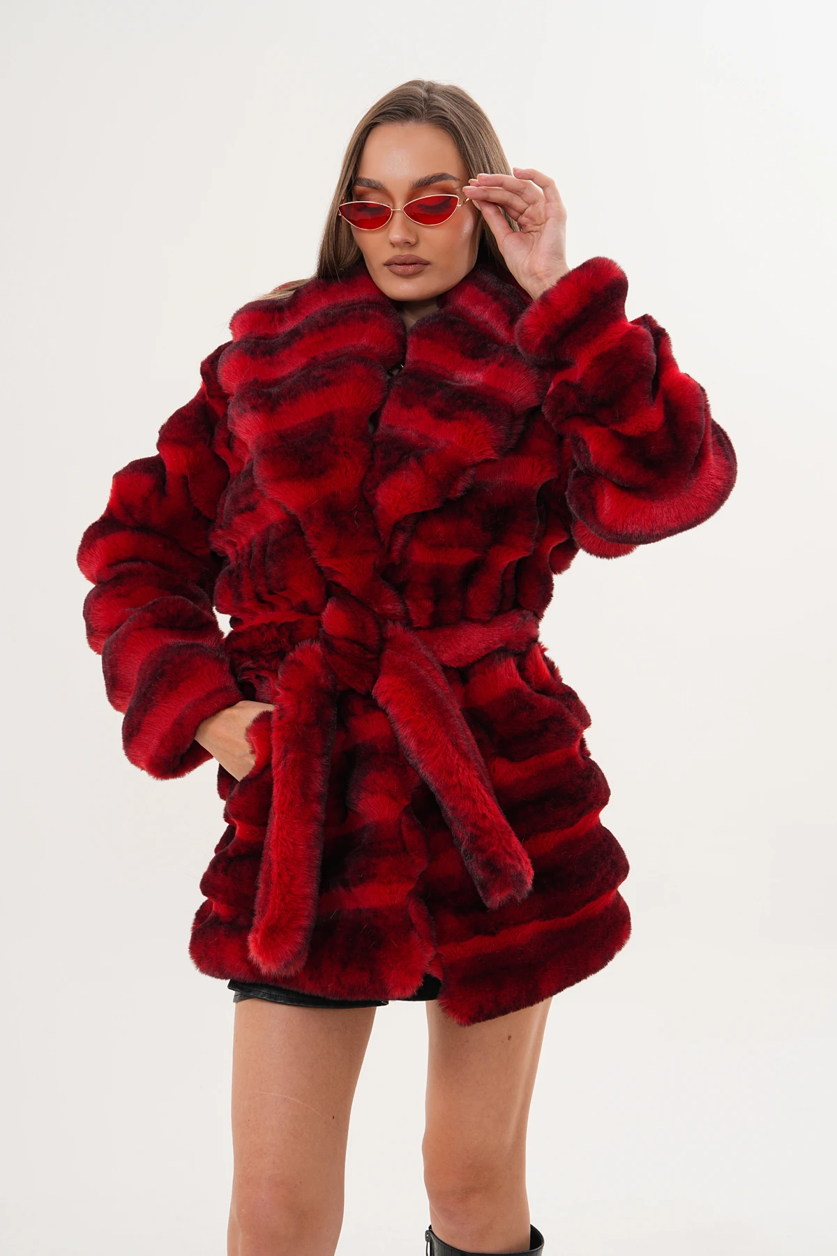 Midi Boy Çinçila Desenli Kaban - kırmızı