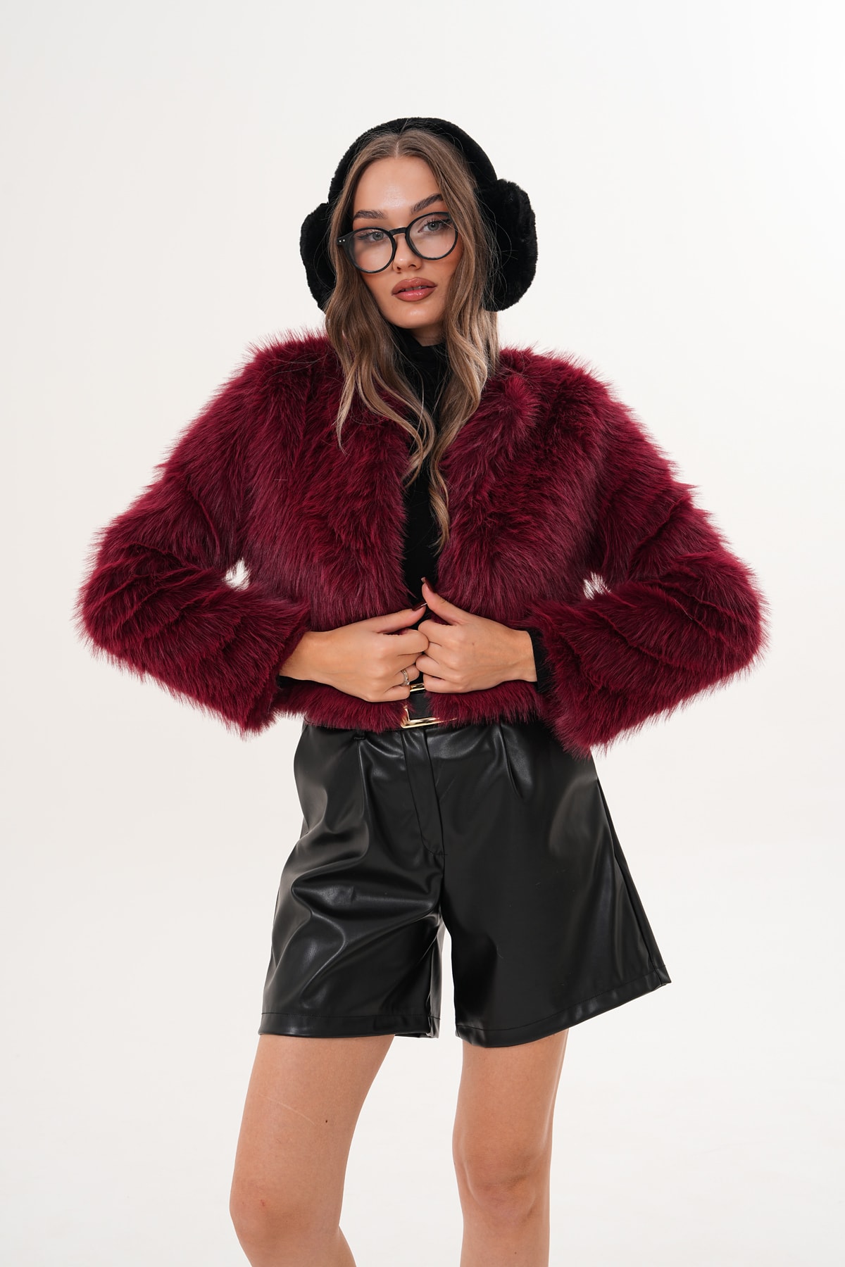 Crop Boy Basic Yaka Tüylü Ceket - bordo