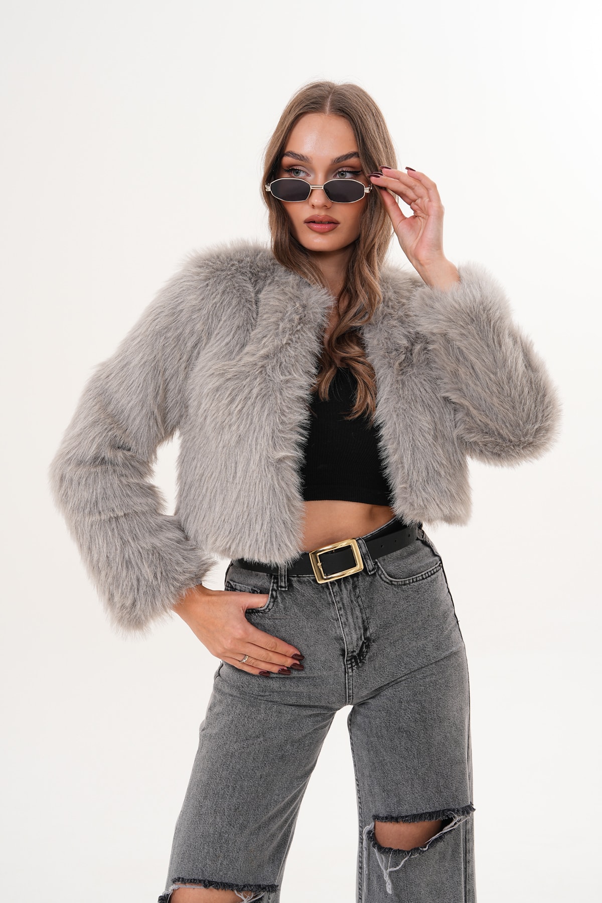 Crop Boy Basic Yaka Tüylü Ceket - gri