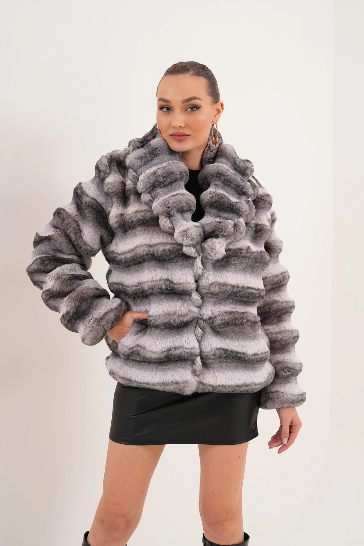 Şal Yaka Desenli Çinçila Ceket - gri