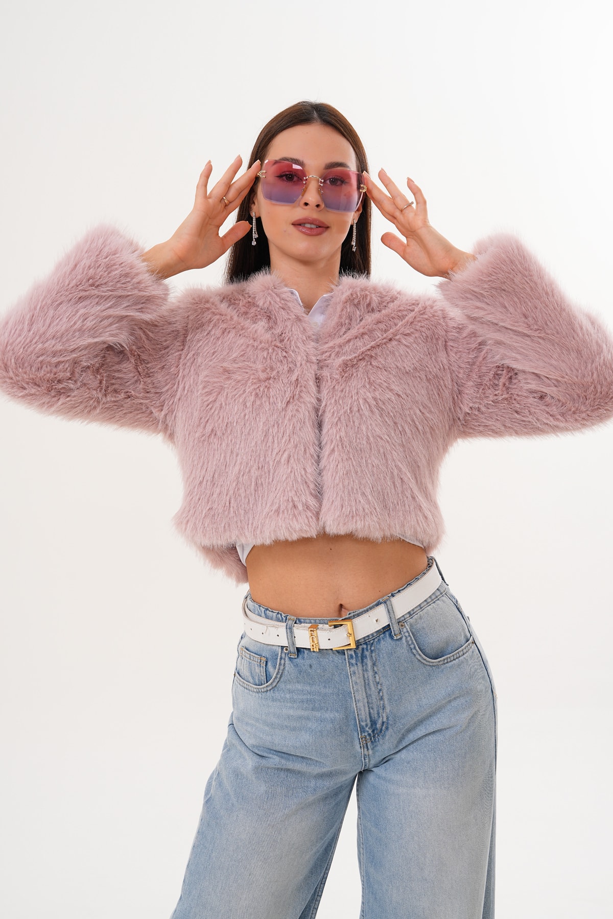 Crop Boy Basic Yaka Tüylü Ceket - pembe