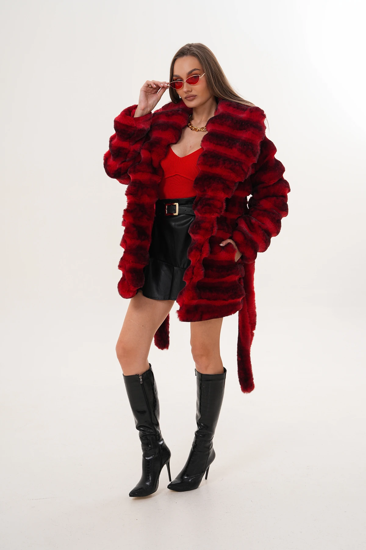 Midi Boy Çinçila Desenli Kaban - kırmızı