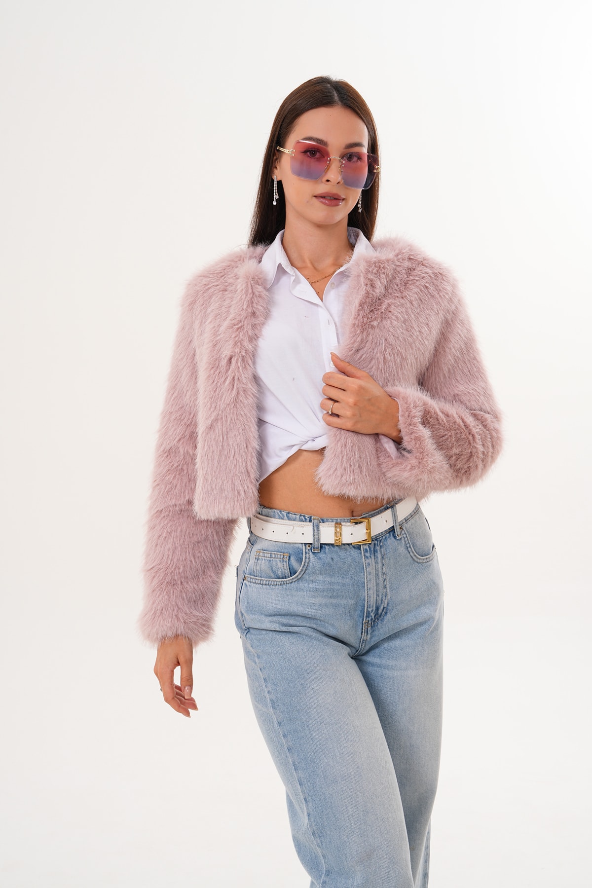 Crop Boy Basic Yaka Tüylü Ceket - pembe