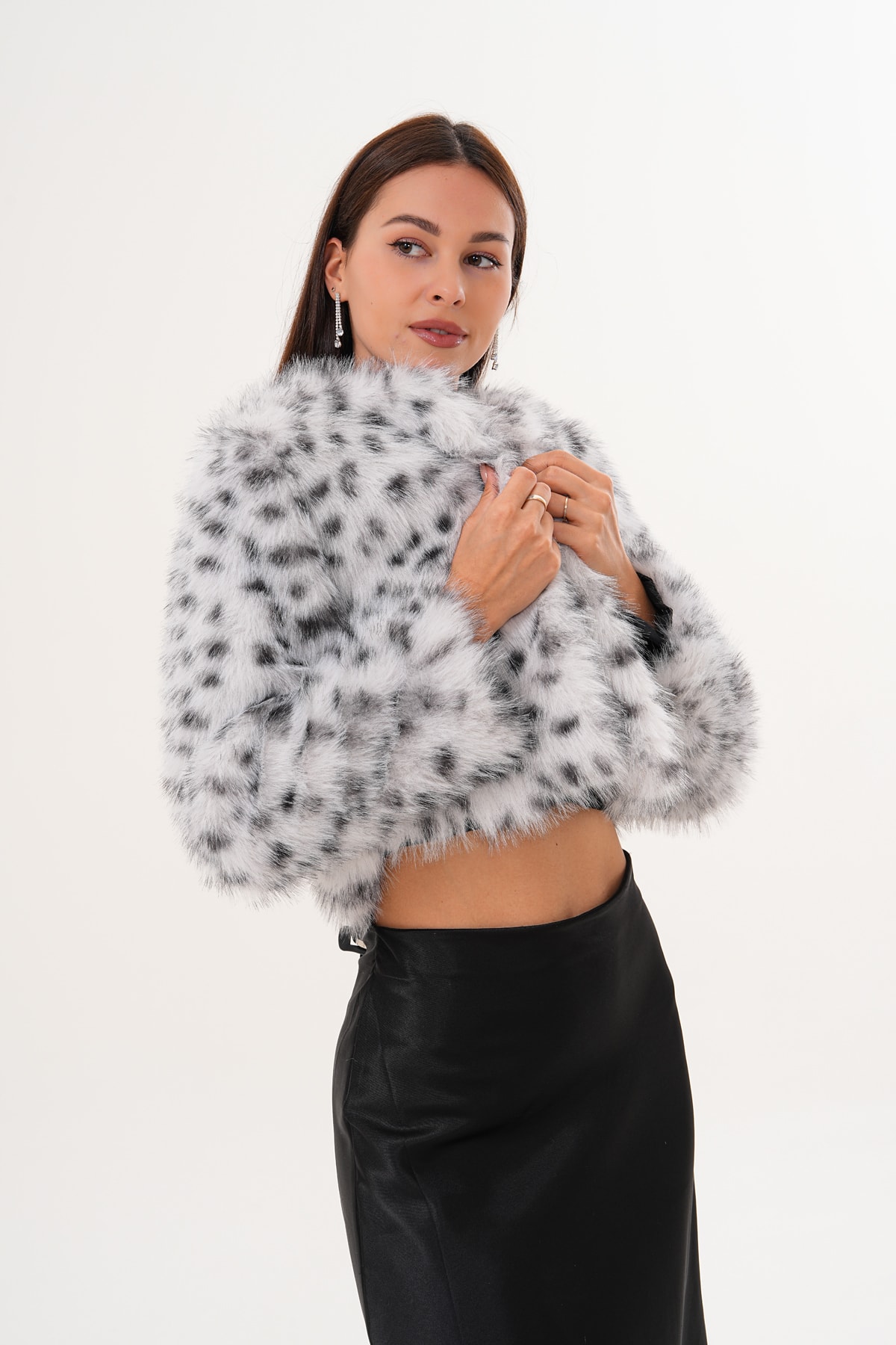 Crop Boy Basic Yaka Tüylü Ceket - kırık leopar