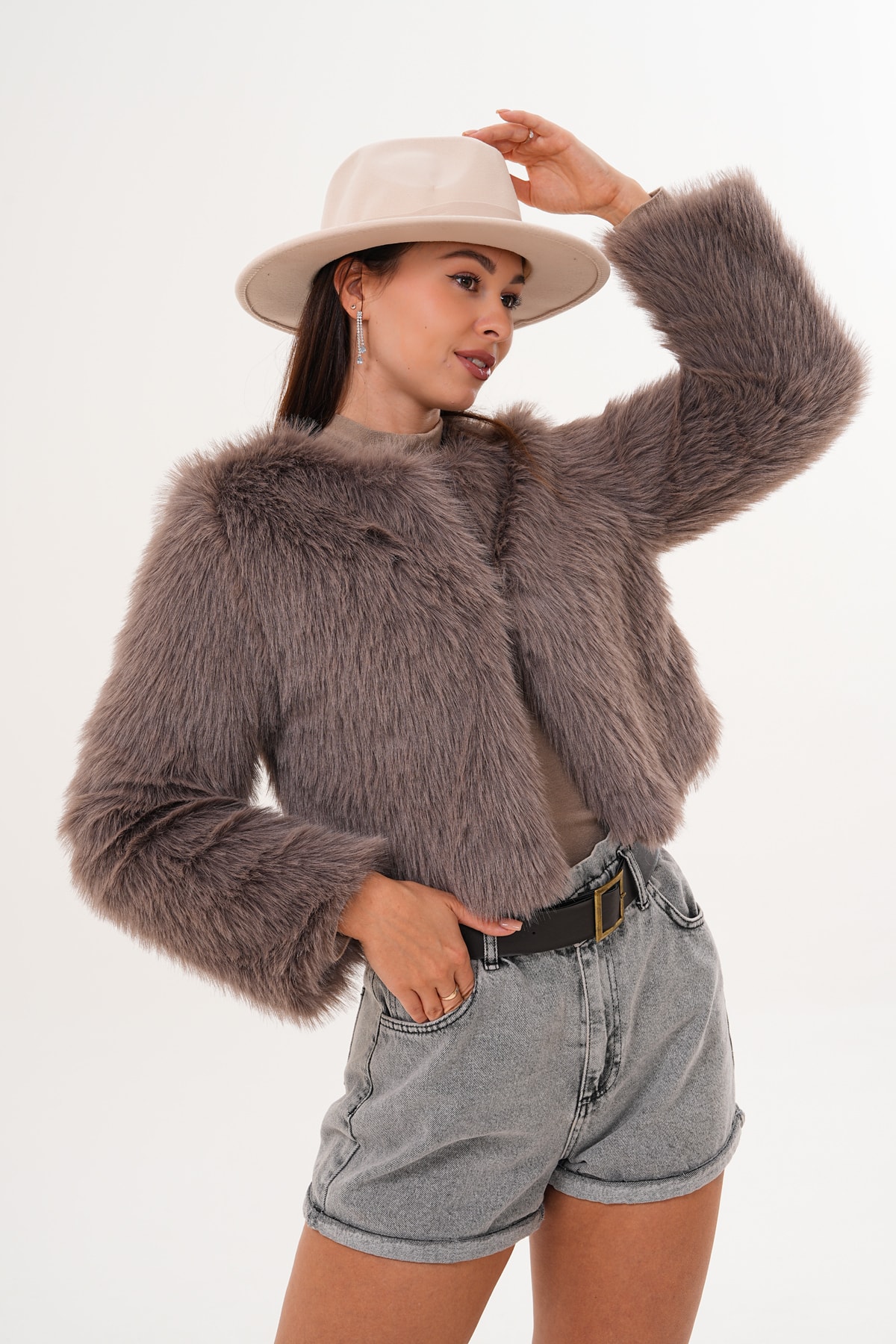 Crop Boy Basic Yaka Tüylü Ceket - vizon