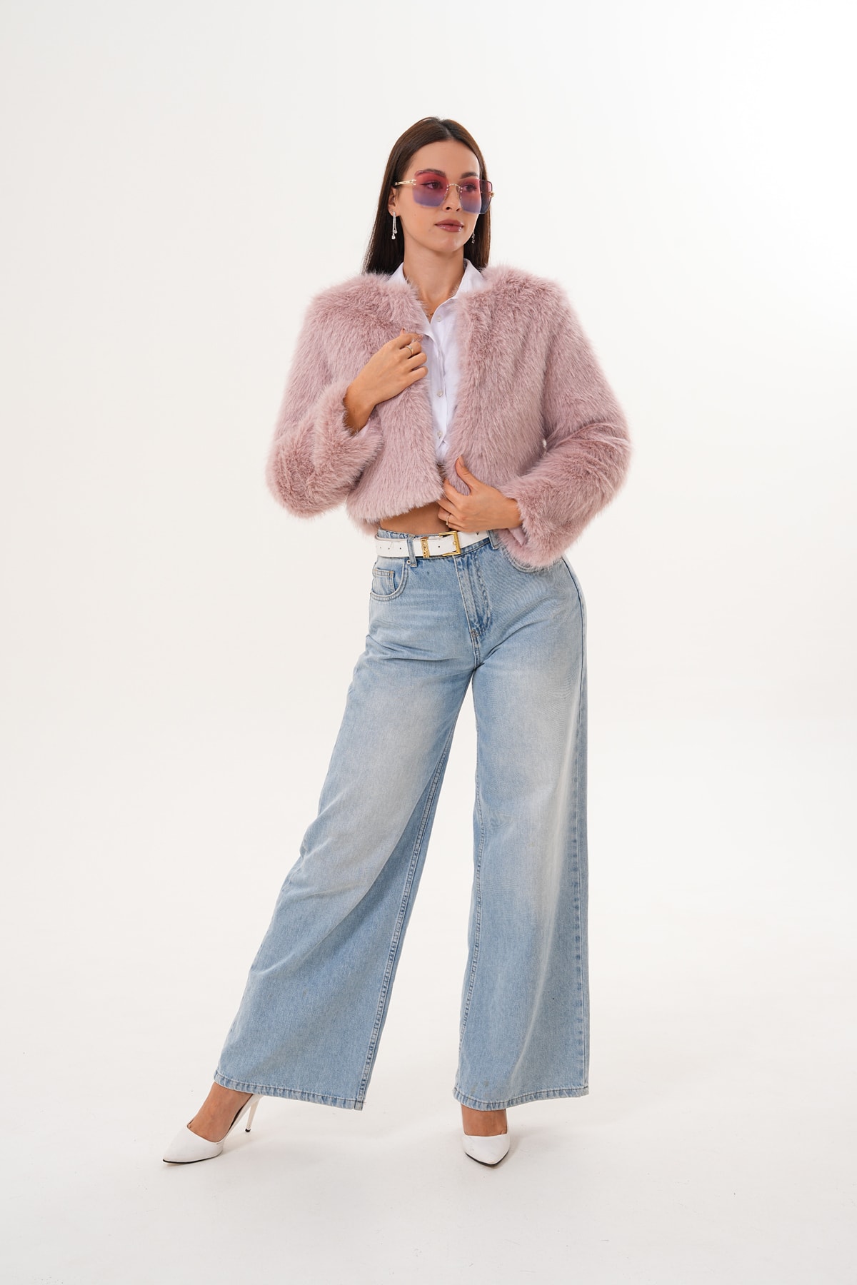 Crop Boy Basic Yaka Tüylü Ceket - pembe