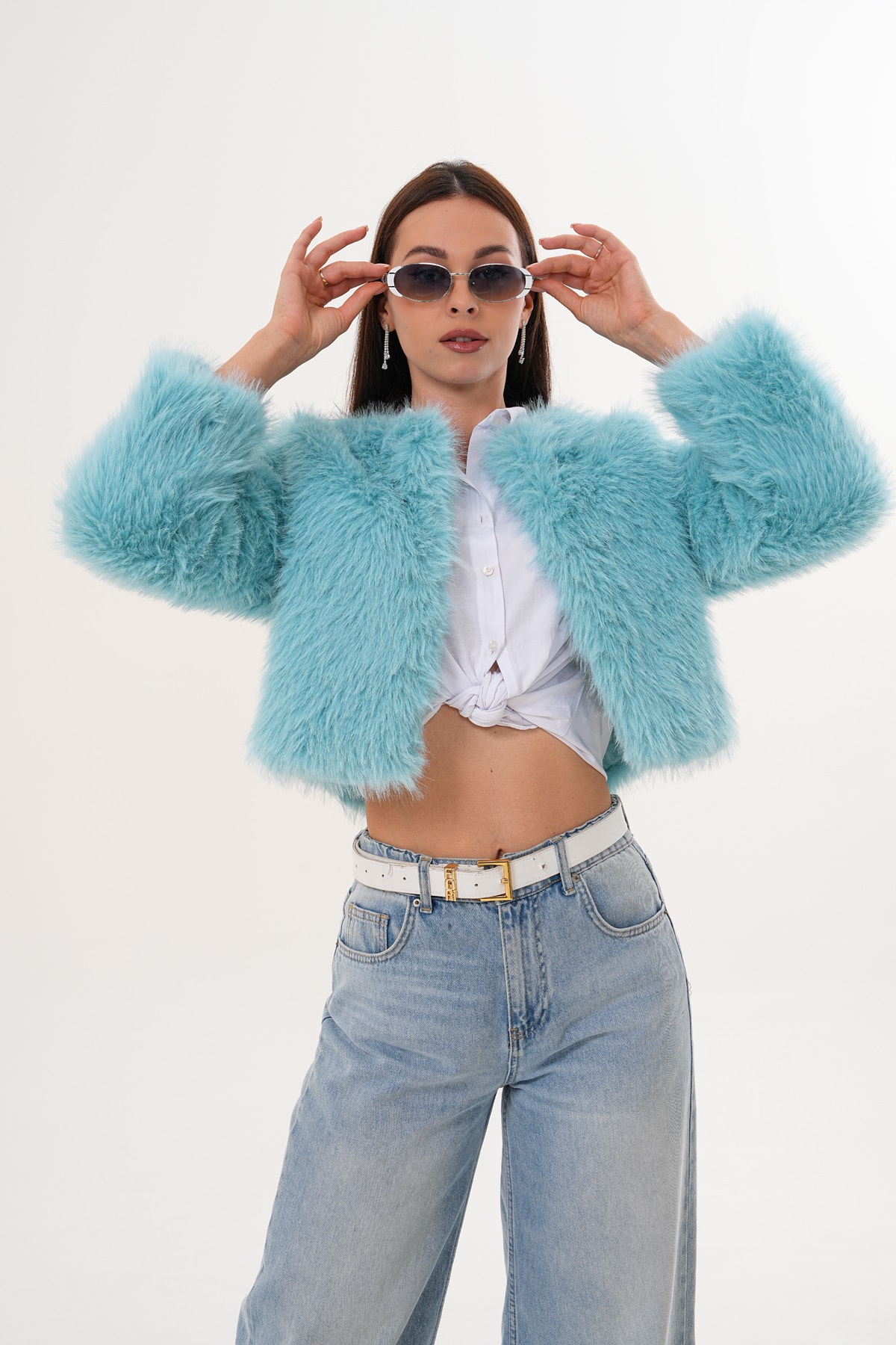 Crop Boy Basic Yaka Tüylü Ceket - mavi