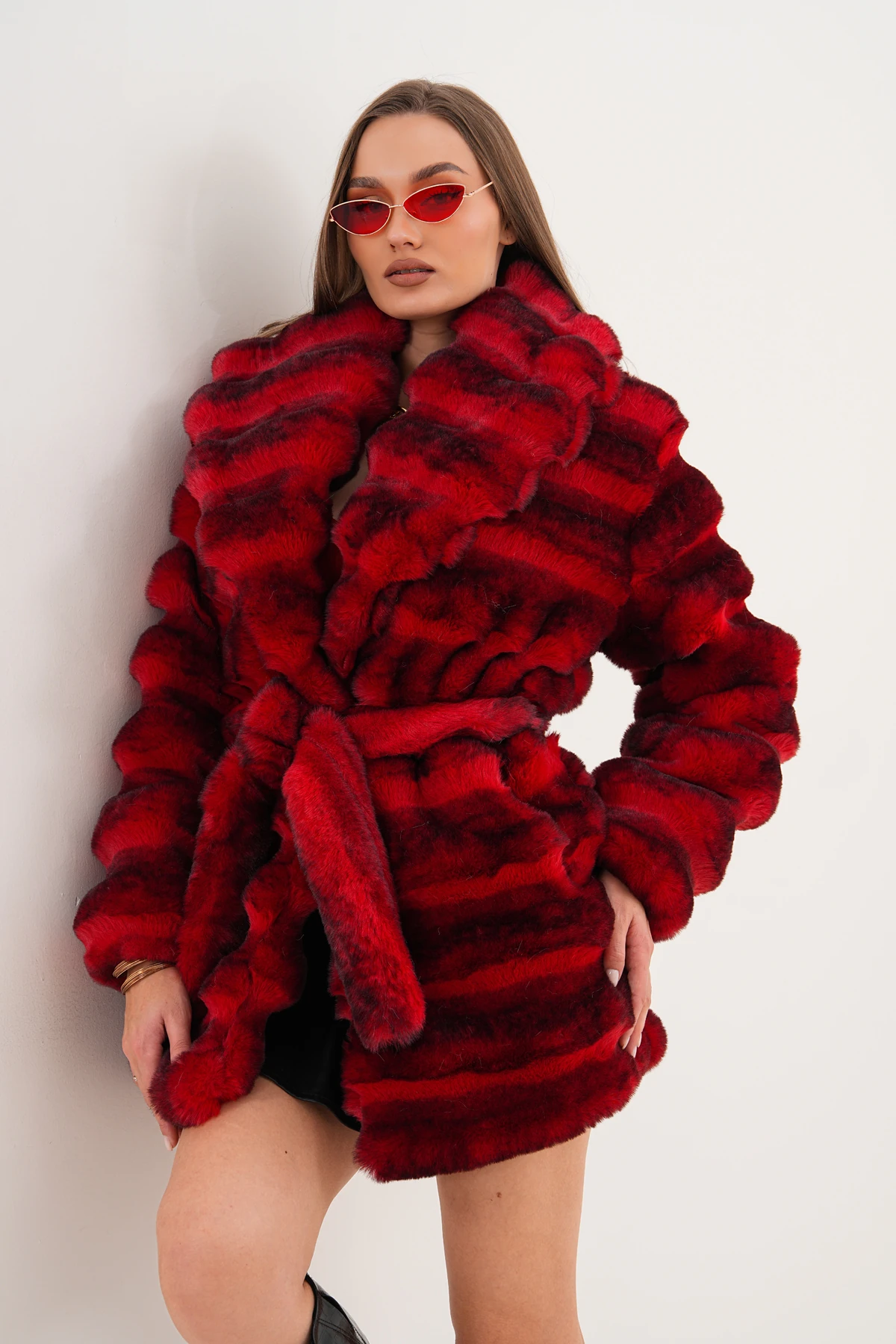 Midi Boy Çinçila Desenli Kaban - kırmızı